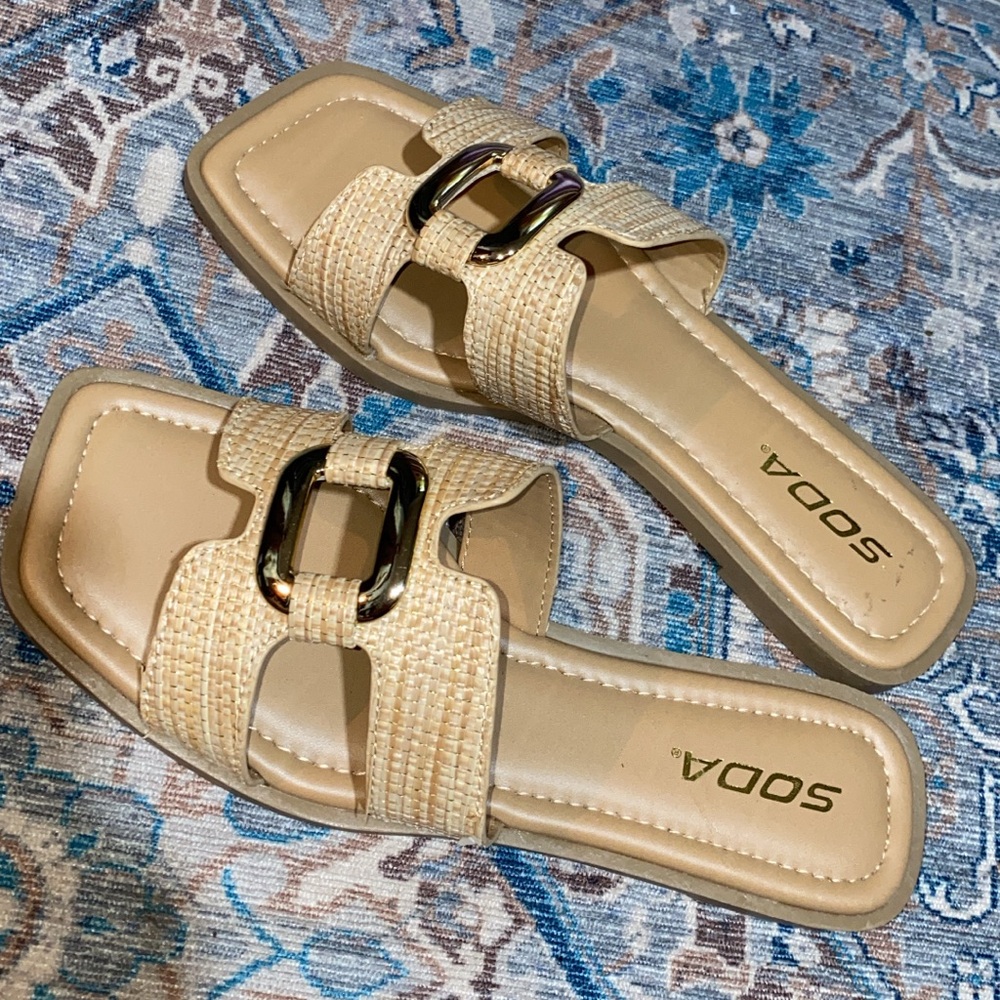 Soda Tan Slide Sandals with Metallic Buckle